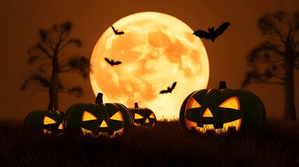 Spooky halloween night with glowing jack o lanterns and bats flying against a large full moon