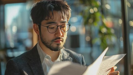 Focused Professional Amidst Soft Lighting: An Asian man with glasses, immersed in his reading with a thoughtful expression in soft lighting. - Powered by Adobe
