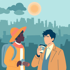Two young travelers in big city, drinking coffee and taking photos