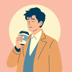 Young man drinking coffee at sunrise enjoying peaceful morning moment. Flat color style