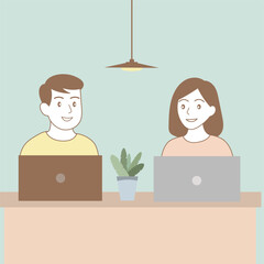 Woman working on laptop with office team in background. Flat and outline style