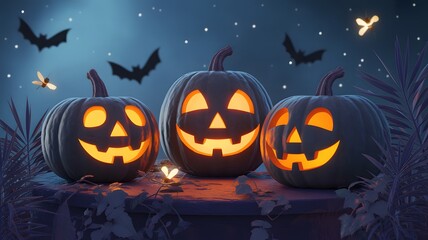 Three glowing carved halloween pumpkins with spooky faces sit in a dark forest at night with bats flying