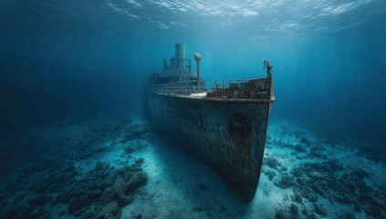 Sunken vessel rests on the ocean floor a silent monument to time and the sea's embrace a mysterious and captivating underwater scene.