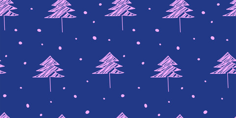Cute scribble pink Christmas tree seamless pattern on blue background. Hand drawn winter pattern with snow. Fun holiday design for kids, wrapping, and decor