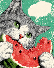 gray cat eating watermelon, pop art cartoon illustration