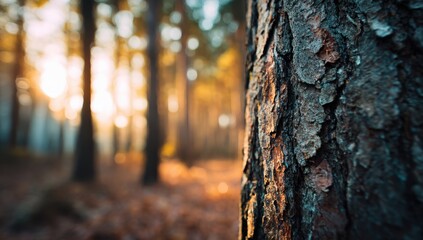 Sunlight filters through a serene forest illuminating the textured bark of a tree creating a peaceful and natural ambiance.