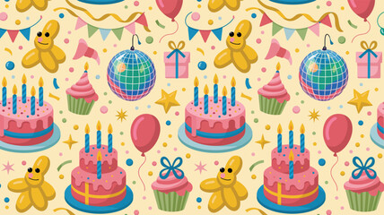 Birthday celebration seamless pattern with cakes, cupcakes, balloons, disco balls, gifts, and confetti on a bright yellow background