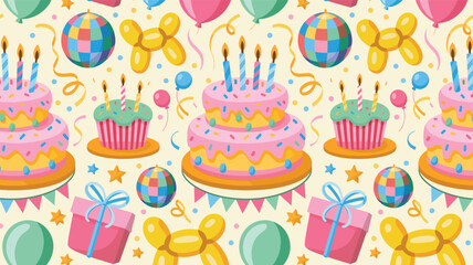  Seamless birthday pattern with cakes, cupcakes, balloons, gifts, party hats, confetti, and streamers on a soft pastel background
