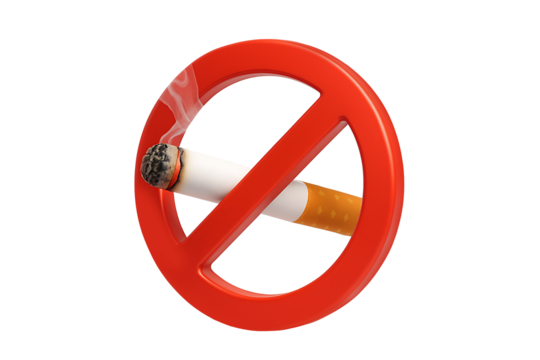 No Smoking Sign with Burning Cigarette and Red Prohibition Symbol Isolated on White - Powered by Adobe
