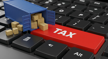 Import export tax concept with container and boxes on keyboard