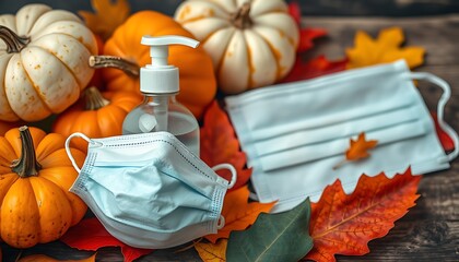 A mask and a sanitizer bottle with autumn pumpkins and leaves - healthcare and hygiene concept