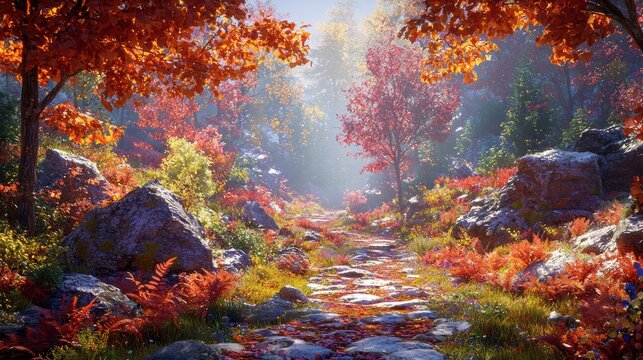 Autumnal forest path, sunlight, rocks, vibrant foliage, nature scene, ideal for game backgrounds or screensavers