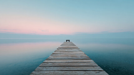Obraz premium Serene wooden pier extends into calm waters, reflecting soft pastel hues of dawn. tranquil scene evokes peace and solitude