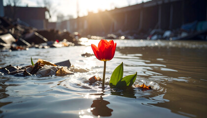 Resilient red tulip in urban flood