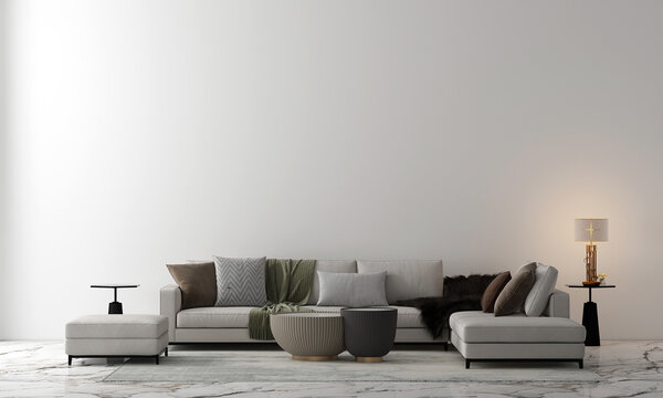 Modern home and luxury living room with cozy sofa decoration and side table and empty white wall background. 3d render.
