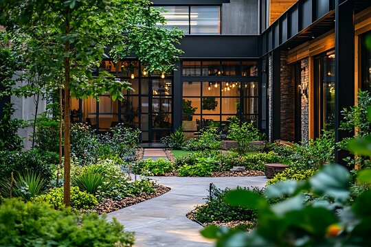 A lush garden patio is enclosed by a modern architecture