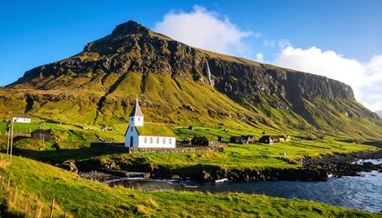 Picturesque village nestled beside a mountain church under a bright sky