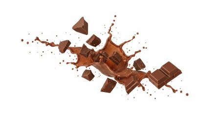 Chocolate Splash with Broken Pieces - Delicious chocolate milk splash with broken chocolate pieces isolated on white background. Perfect for food and beverage advertising