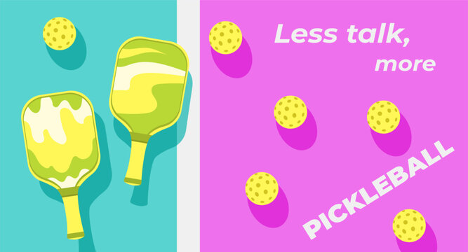 Playful banner with pickleball rackets and balls on a bright background. Sporty and fun design for game invitations, social media or summer sale ads