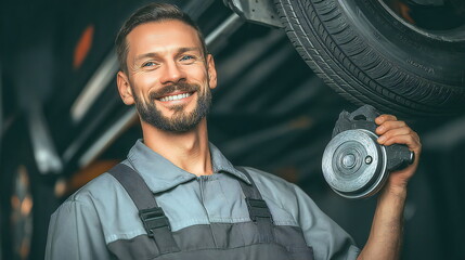 Mechanic smiles while holding a car part inside a well-lit automotive workshop during afternoon hours