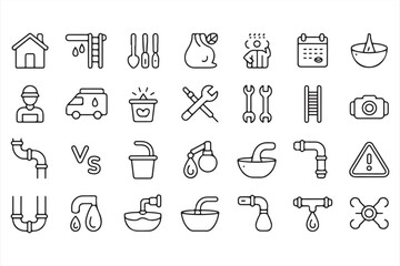 Line-Drawn Household, Plumbing, and Maintenance Icons for DIY and Repair