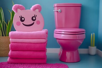 Pink bathroom decorated with towels toilet and plant decoratively