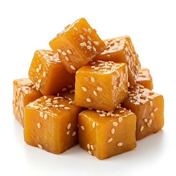 daigaku imo (glazed sweet potato cubes), soft texture with sesame topping ,isolated on white background