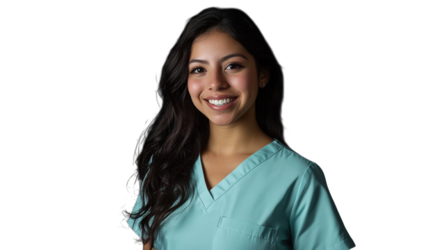 Smiling healthcare professional wearing scrubs in a bright and clean environment during a shift on transparent background
