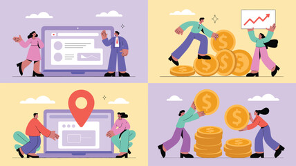 Four-panel financial and tech-themed illustration with diverse people interacting through savings, location tools, growth charts, and collaboration