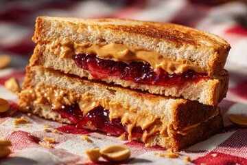 Peanut butter and jelly sandwich on picnic cloth, ideal for childhood food blog