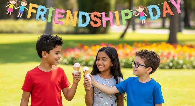 Three children celebrate friendship day with ice cream cones in a park setting with a banner above