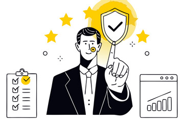 An illustrated depiction of a businessman ensuring data security and business success through compliance and strategic planning.


