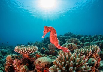 Fototapeta premium Graceful Seahorse in Vibrant Coral Reef - A vibrant coral reef teeming with life, a graceful seahorse gracefully swims amidst colorful corals, symbolizing tranquility, marine biodiversity, underwater
