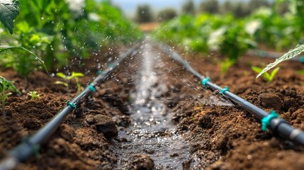 Fototapeta premium A close-up view of an irrigation system spraying water over rows of crops, creating a refreshing and lush atmosphere.