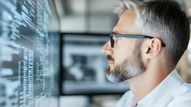 Focused professional conducts data analysis computer screen, highlighting technology and innovation