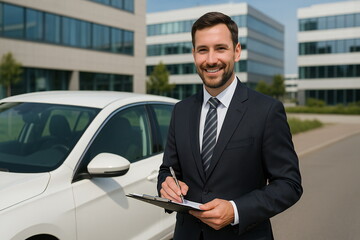 Business professional conducts vehicle inspection in corporate parking lot during daytime