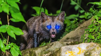 Fototapeta premium Glowing-eyed fox, night forest, rocky outcrop, wildlife