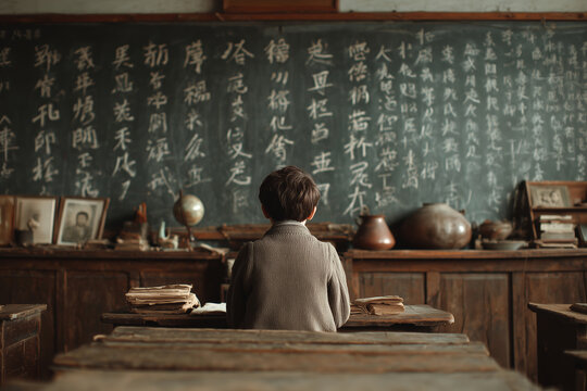 Quiet reflection in a traditional Chinese primary classroom during the day