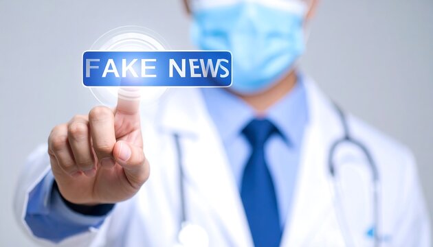 Medical professional pressing 'fake news' button, addressing misinformation issue