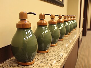 A collection of decorative soap dispensers neatly arranged in a row