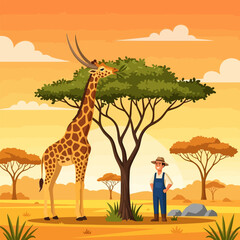 Giraffe Eating Green Leaves with Farmer in Orange Savanna