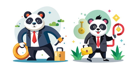 Corporate Panda Leader Unlocking Potential Concept, Business Success Metaphor, Motivational Leadership Vector, Professional Growth Illustration, Team Inspiration, Office Achievement Design