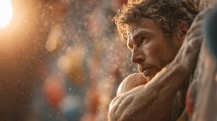 Indoor rock climbing athlete demonstrating focus and determination during ascent