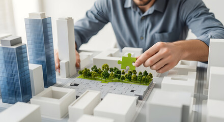 Futuristic City Planning Puzzle: Man Using Holographic Interface