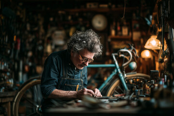 Senior man meticulously repairs a vintage bicycle in his cozy workshop