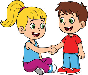 Cheerful Cartoon Illustration of a Boy and Girl Handshaking, Depicting Friendship, Agreement, and Children's Interaction, Ideal for Educational or Playful Concepts