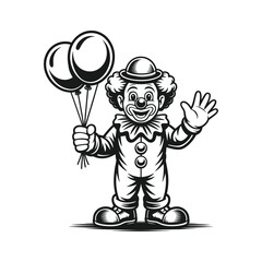 Cheerful clown holding balloons and waving hello happy celebration