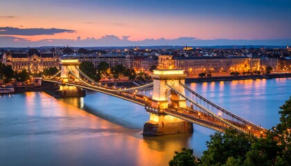Magnificent Budapest Chain Bridge at Nightfall, Hungary, Illuminating Danube River