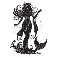 Maternal Thetis black vector graphic, reflecting her nurturing and protective nature – Thetis silhouette – Thetis Vector – Silhouette of Thetis – Greek goddess silhouette

