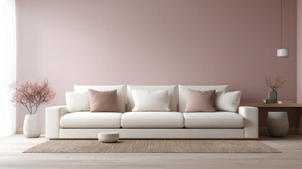 minimalist living room full view, soft cream sofa, dusty rose wall, light mocha flooring, ambient warm light, simple forms